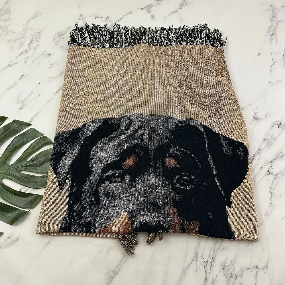 Linda Picken Vintage Y2k Dog Tapestry Throw Blanket Rottweiler Black Brown Woven